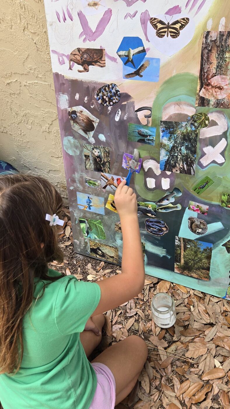 A child from behind adding a picture to a painted board covered in pictures of insects, birds and animals