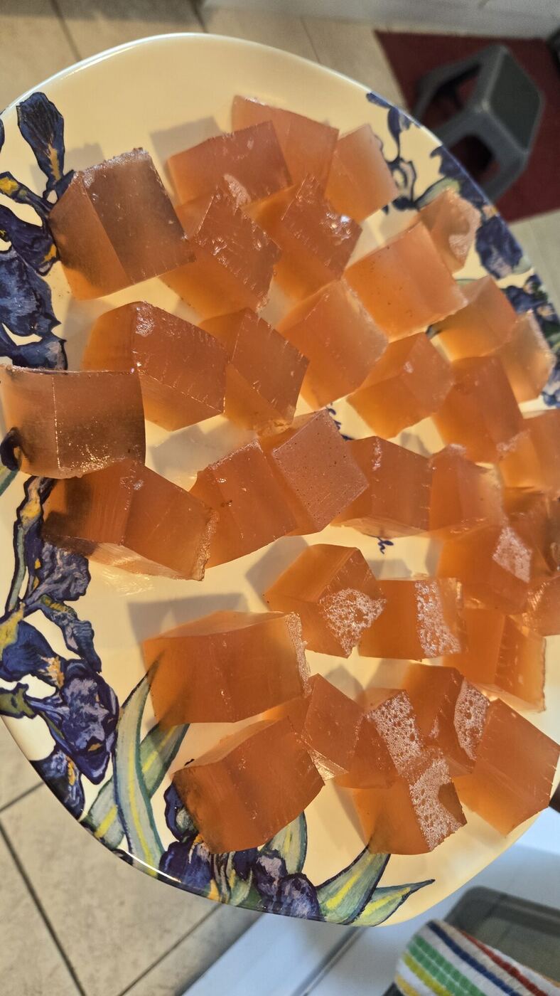 A plate of pale beautyberry jello cubes