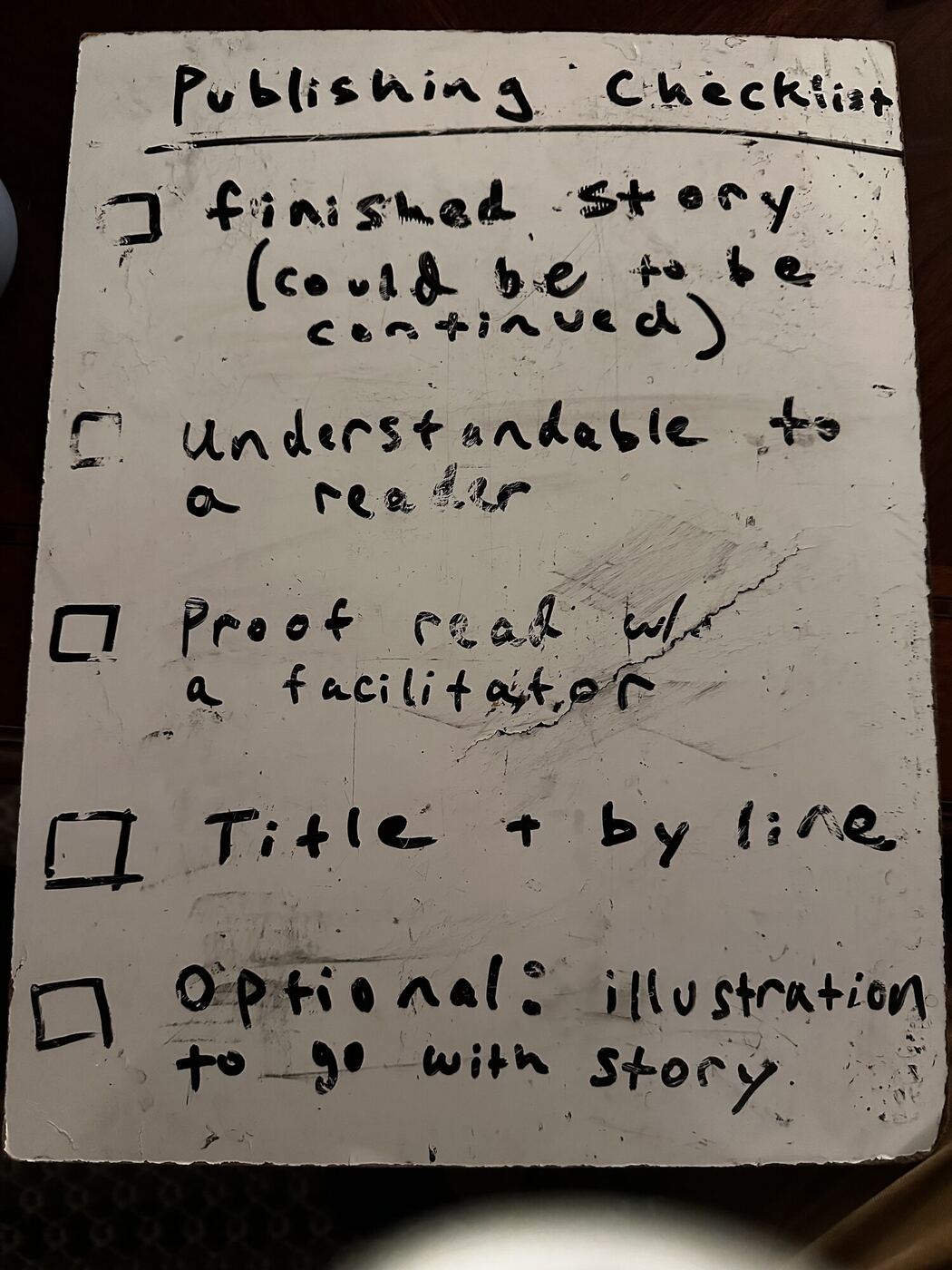 A hand-lettered publishing checklist: finished story, understandable to a reader, proofread with a facilitator, title and by-line