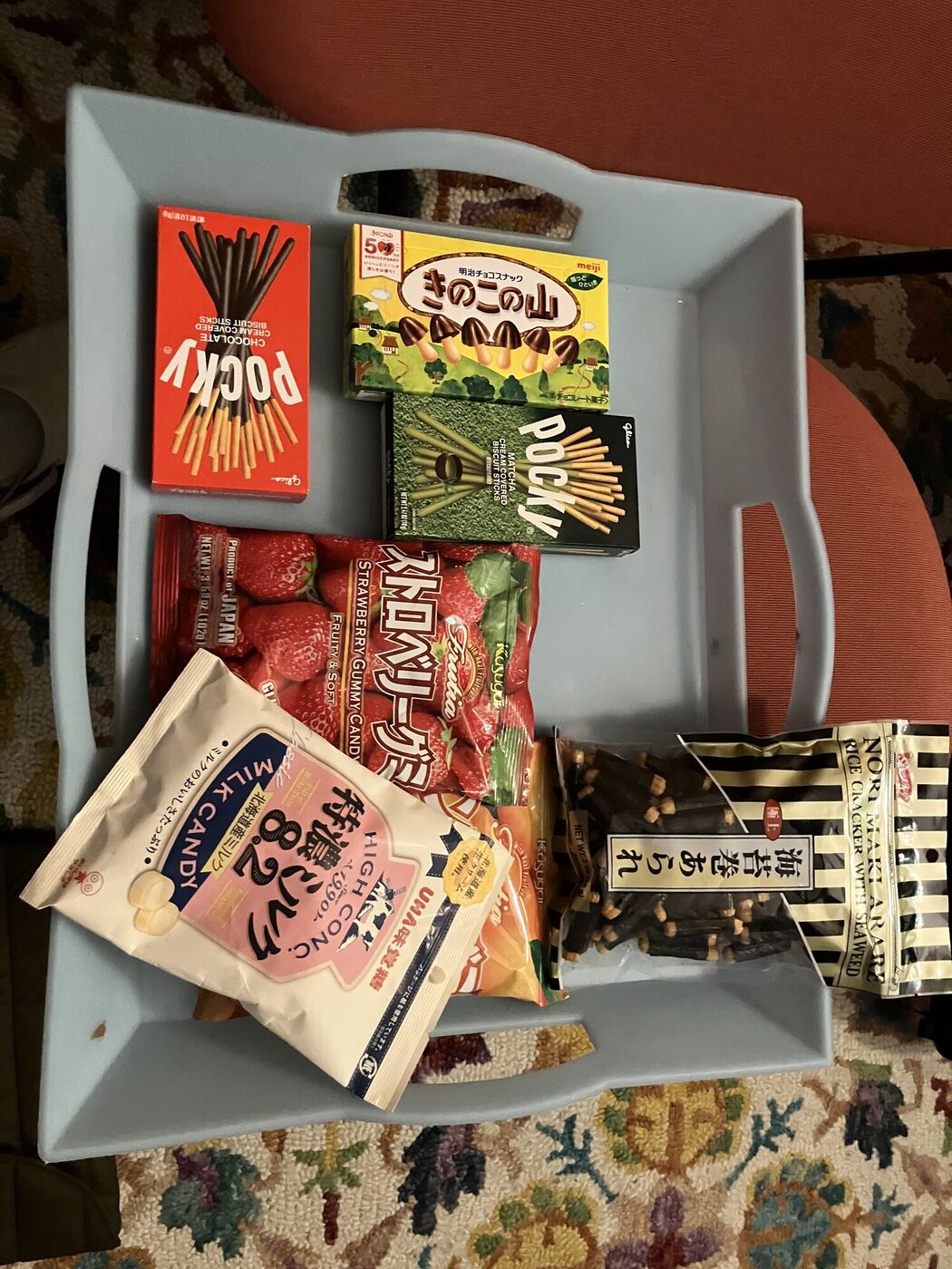A tray of Japanese snacks