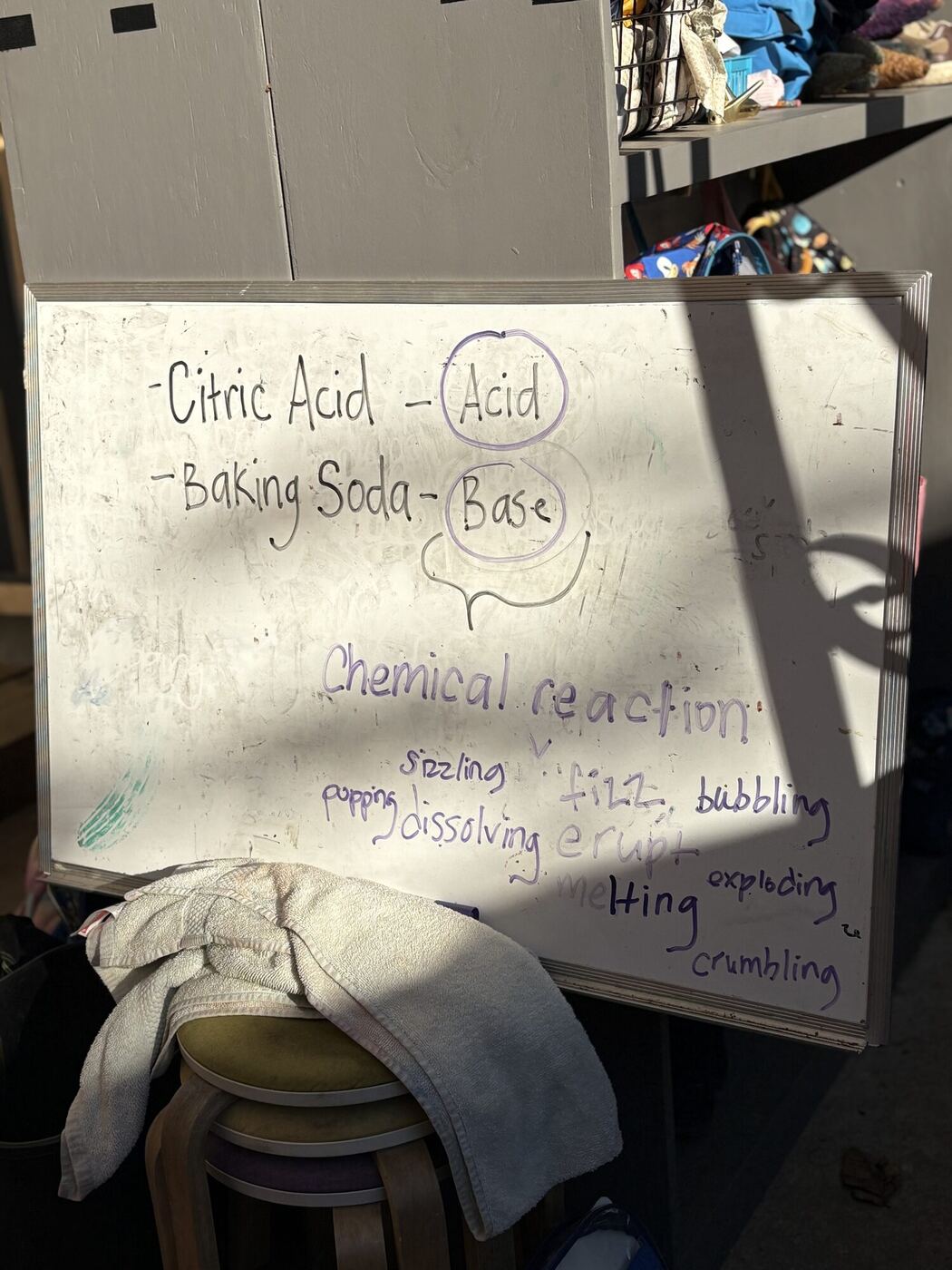 A whiteboard: citric acid is an acid, baking soda a base, and the words for a chemical reaction, fizzing, bubbling, dissolving