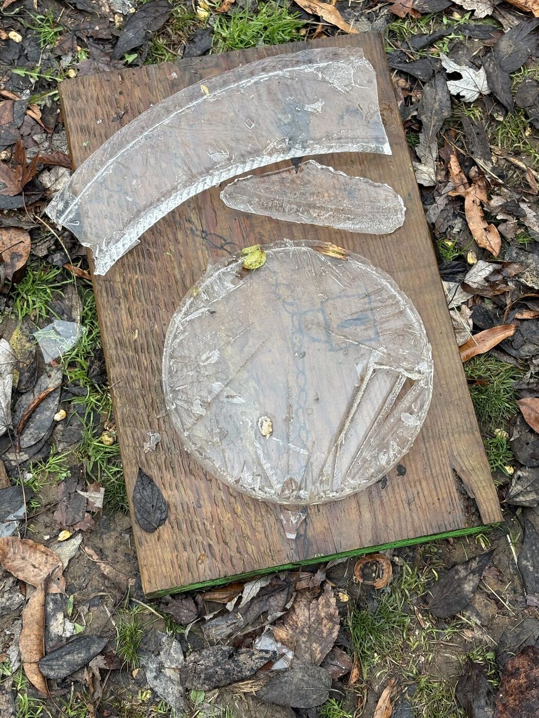 Sheets of ice laid out on a wooden board