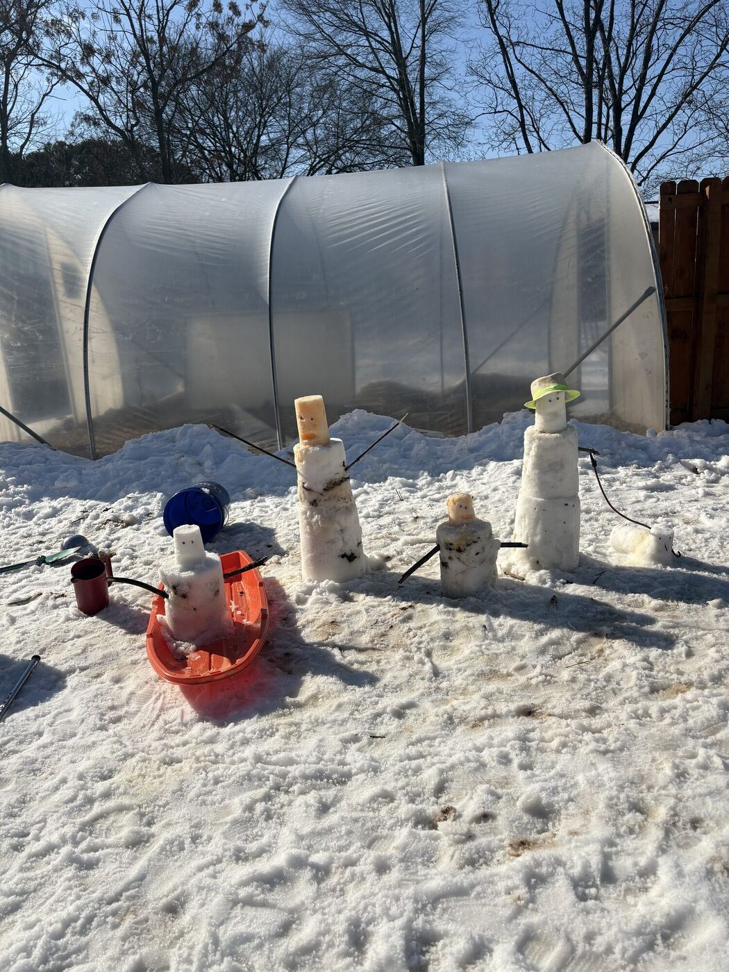 Small snow people lined up in the snow by the greenhouse