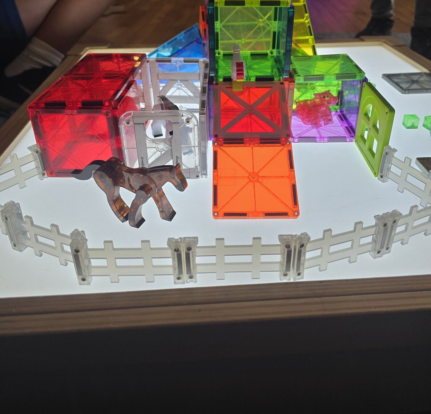 Colored magnet tiles built into a house on a light table, a toy horse inside a white fence